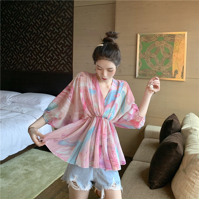 VK旗艦店 韓系札染花紋蝙蝠袖雪紡短袖上衣