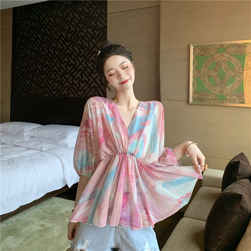 VK旗艦店 韓系札染花紋蝙蝠袖雪紡短袖上衣