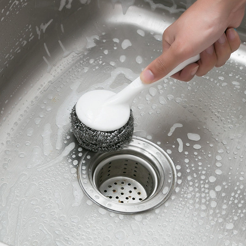 Japan KM kitchen wash pan descaling with stubborn stains steel wire ball with handle cleaning brush long handle pan brush