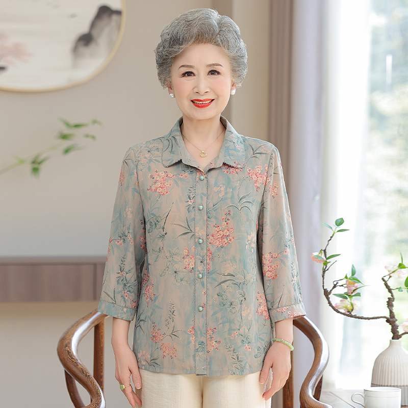 Grandma's Summer Three-Quarter Sleeve Shirt with a Turn-Down Collar, Floral Pattern, Faux Silk Top for 60-70 Year Old Women, Thin Summer Blouse Grandma's Summer Three-Quarter Sleeve Shirt with a Turn-Down Collar, Floral Pattern, Faux Silk Top for 60-70 Year Old Women, Thin Summer Blouse