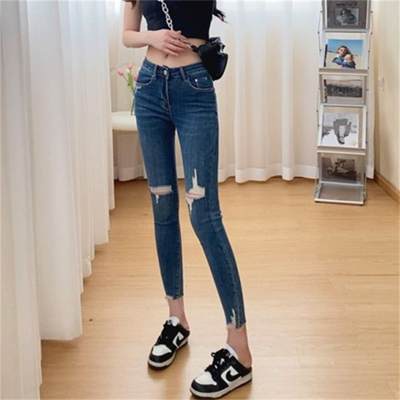 Super Slimming! Korean Style Ripped Skinny Stretch Jeans for Women, New Autumn High-Waisted Slim Pencil Cropped Pants Super Slimming! Korean Style Ripped Skinny Stretch Jeans for Women, New Autumn High-Waisted Slim Pencil Cropped Pants