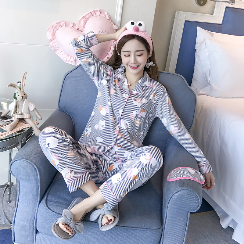 Bộ đồ ngủ mùa xuân và mùa thu nữ phiên bản Hàn Quốc của áo cardigan trước khóa dài tay quần dài mùa hè cotton mỏng phần dễ thương phục vụ nhà giản dị pijama