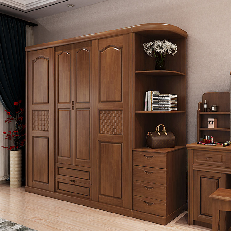 Modern solid wood sliding door wardrobe wooden Chinese style four doors oak wardrobe large wardrobe economy type bedroom locker