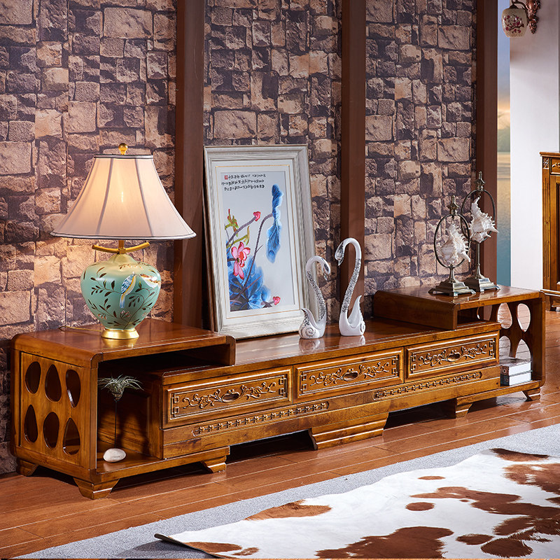 Chinese full solid wood TV cabinet tea table combination simple camphor wood carved low cabinet bedroom cabinet furniture set