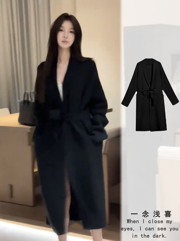 Elegant Black Lace-Up Bathrobe Knit Cardigan for Women 2024 Autumn and Winter Lazy Style Loose Sweater Mid-Length Trench Coat