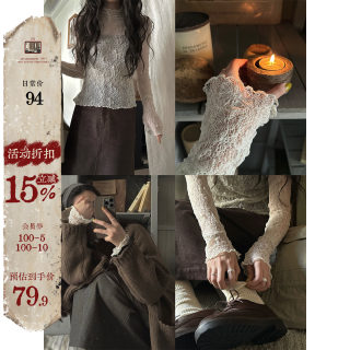 Jmwomen soft lace off-white stretch half turtleneck bottoming t-shirt women's autumn slightly see-through slim long-sleeved top