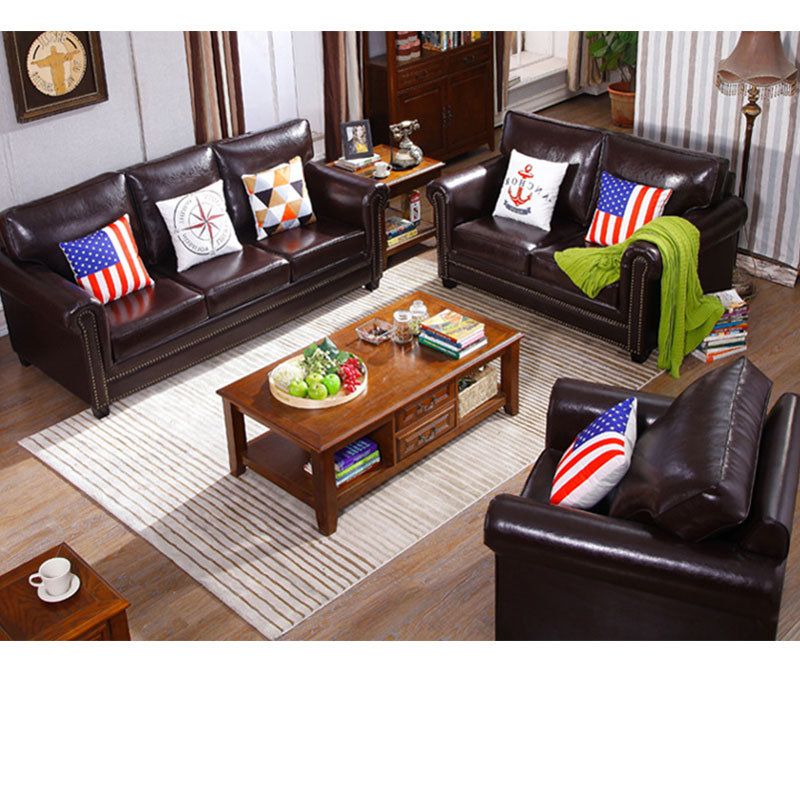 American leather sofa combination living room set American light luxury First layer cowhide sofa solid wood small apartment trio