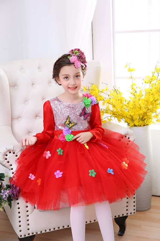Quần áo biểu diễn của trẻ em, khiêu vũ của trẻ em, các cô gái, váy công chúa đỏ, gạc mịn, hợp xướng chủ nhà, trang phục