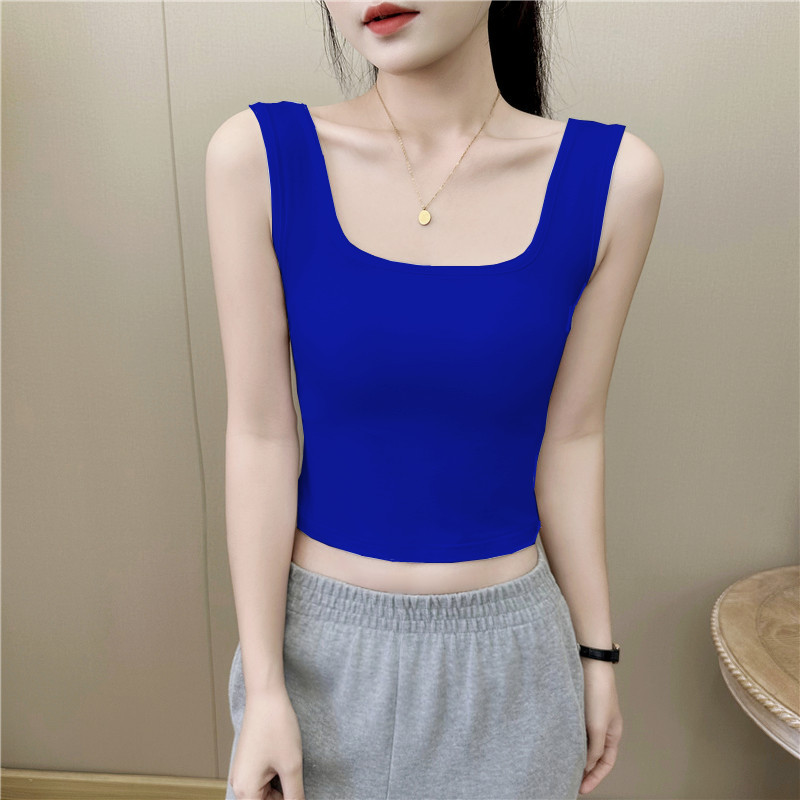 Modal Wide-Strap Camisole for Women, Klein Blue, Short, Waist-Revealing, Square-Neck, Sexy Fitness Yoga Top for Summer
