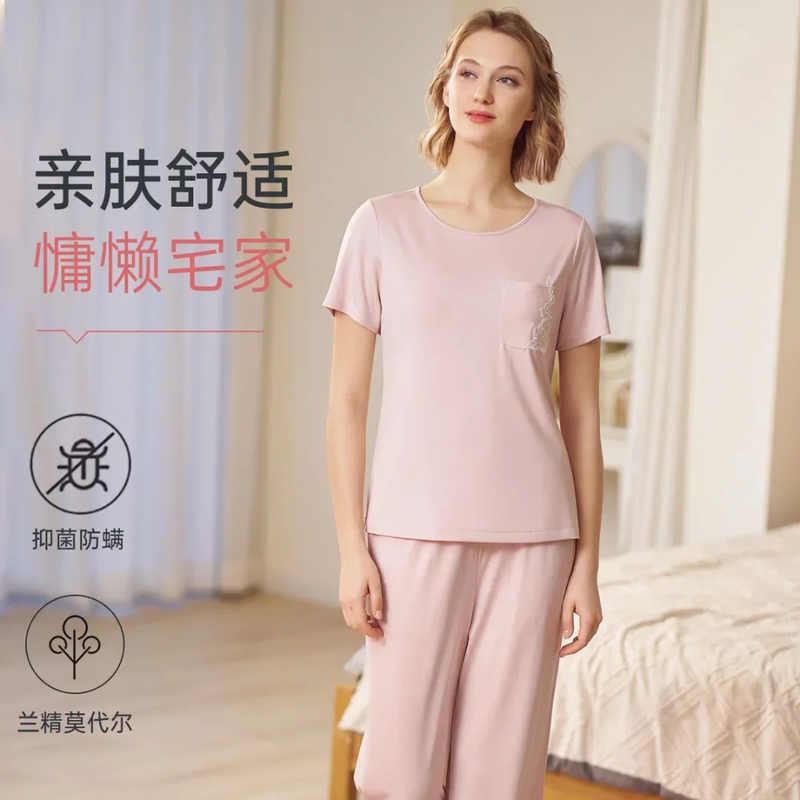 Ives Women's Comfortable Modal Round Neck Short Sleeve Capri Pants Homewear Set Pajamas 10311281