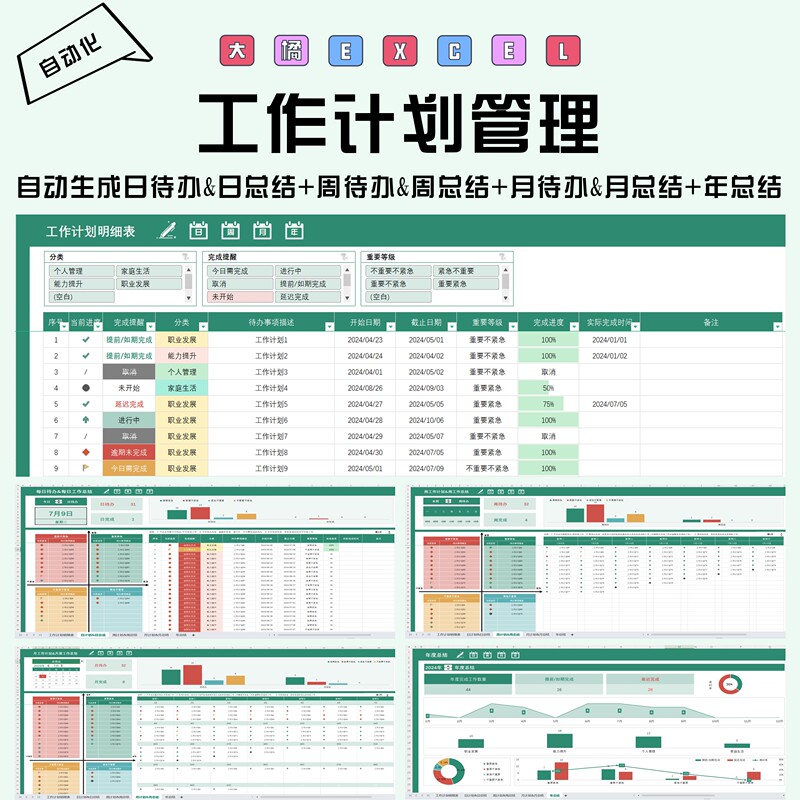 Daju Excel - Work Plan Management Automatically Generates Yearly/Monthly/Weekly/Daily To-Do Lists & Summaries/Four-Quadrant Analysis