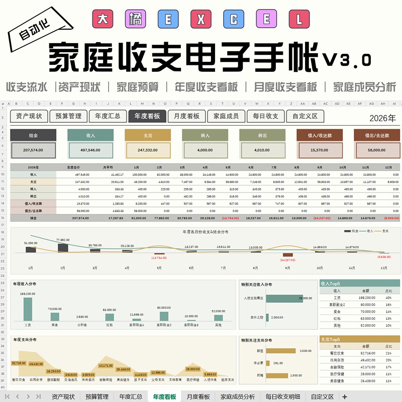 Daju Excel - Electronic Household Income and Expense Tracker (Year/Month/Day/Budget/Assets/Money Management)