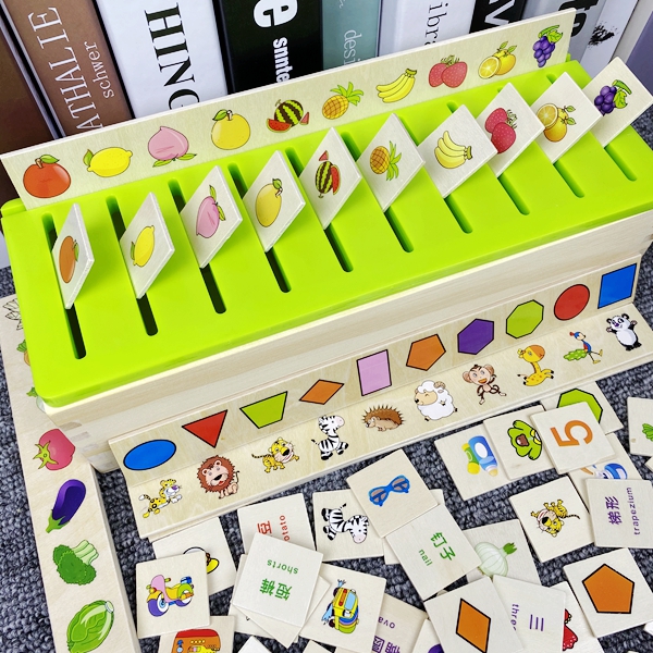 Children's puzzle classification box cognitive Chinese characters shape fruit animal traffic figures male and female baby wooden toys