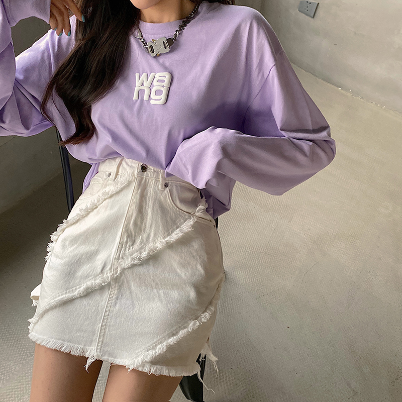 2021SS Tassel Twill Raw Edge High Waist Denim Short A-line Skirt Versatile White Hip Cover Half Body