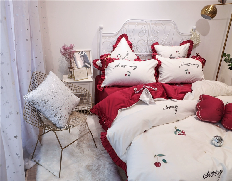 Hương thơm nhỏ màu đỏ anh đào thêu bốn bộ set 60s dài chủ yếu cotton công chúa nơ bông nhiều bộ - Bộ đồ giường bốn mảnh