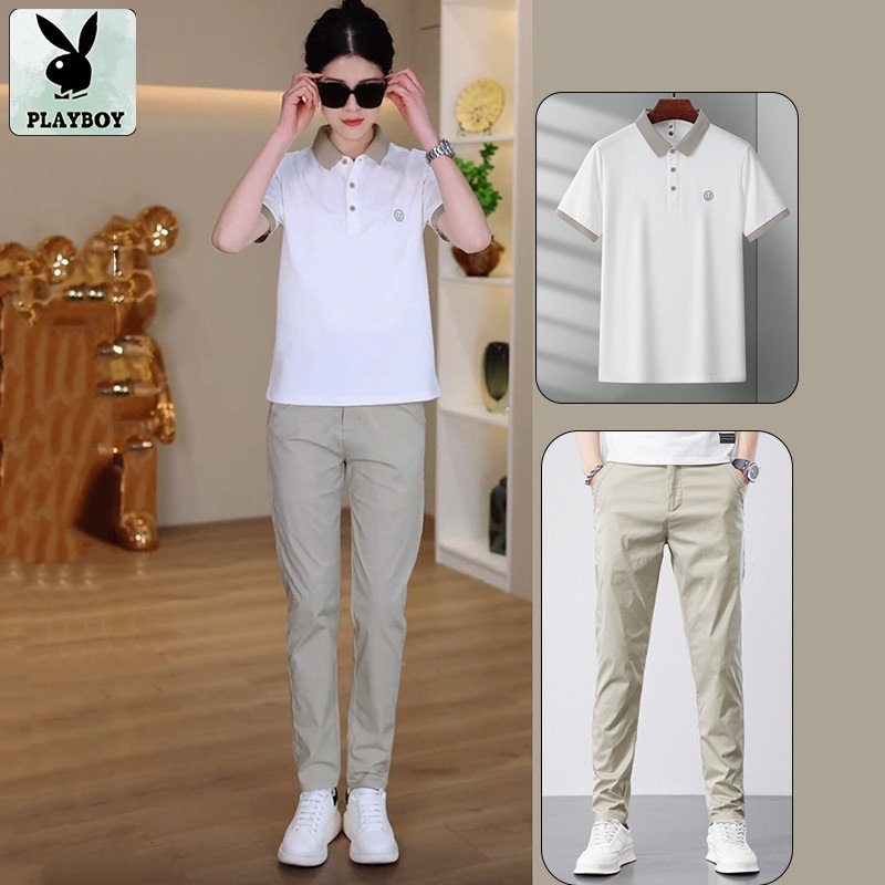 Playboy 2026 Summer New Style Young Men's Short-Sleeved T-Shirt Polo Shirt Comfortable Breathable Casual Pants Suit