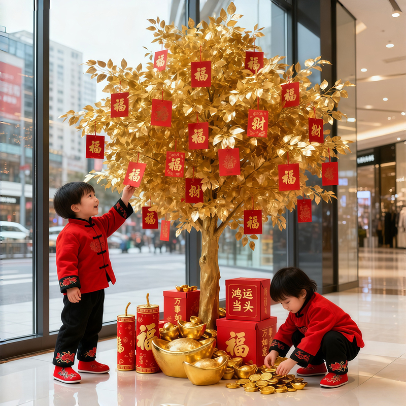 Artificial Wishing Tree, Golden Banyan Tree, Celebration Money Tree, Fake Tree, Fortune Tree, New Year Red Envelope Tree, Shopping Mall Hotel Decorative Tree