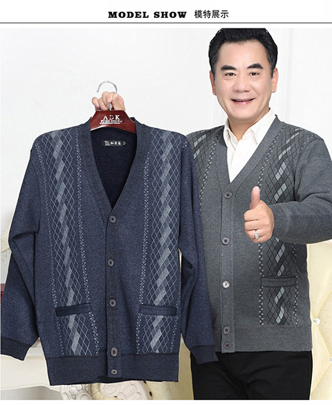 Áo cổ chữ V cho nam và trung niên cộng với áo len nhung dày mùa thu và áo khoác mùa đông cha mặc áo len nam cao tuổi áo len nam cổ tim