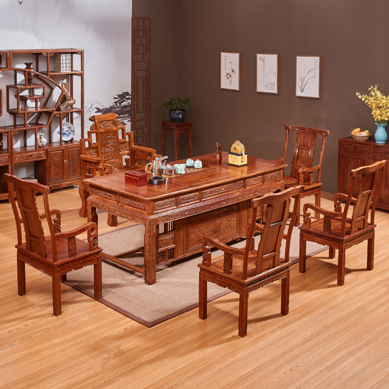 Chinese style red wood tea table 2 m tinged hedgehog purple sandalwood tea table and chairs combined solid wood furniture African pear wood tea table