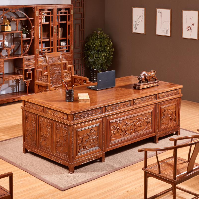 Chinese style red wood desk combined office Hedgehog Purple Sandalwood Furniture Solid Wood Owner Desk Flowers Pear Wood Big Bandae