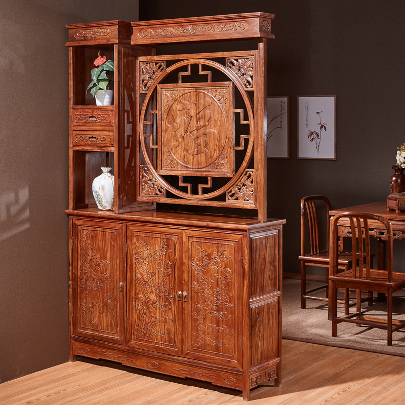 Chinese style red wood Xuanguan cabinet real wood door hall furniture 5 fu living room Double face partition cabinet flower pears wood into the outdoor room cabinet