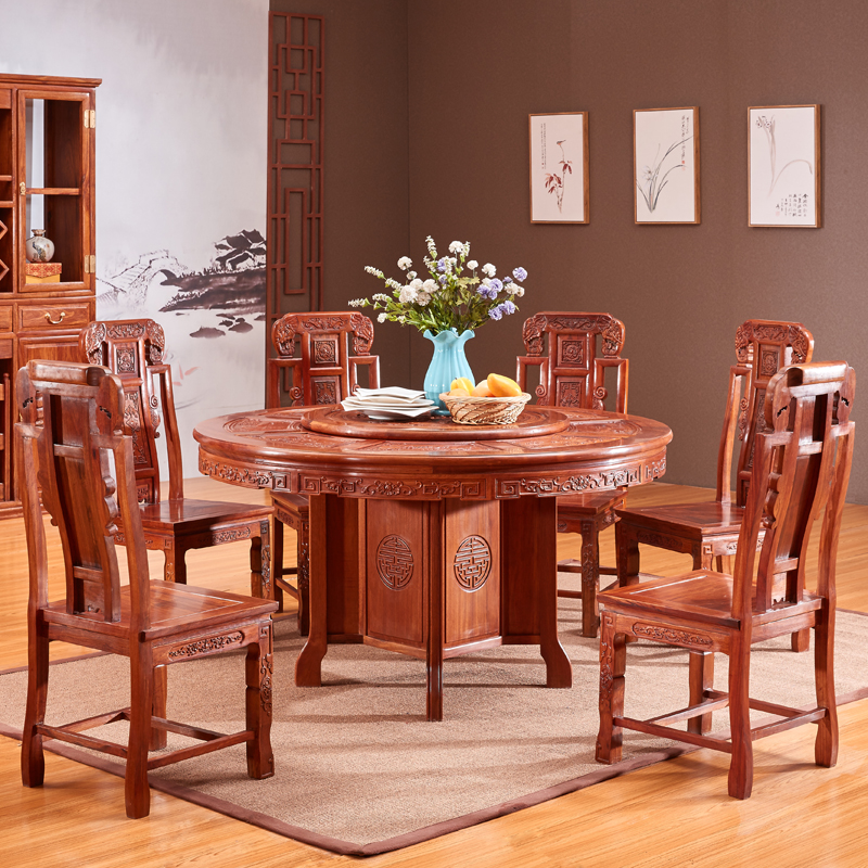 Chinese red wood dining table solid wood furniture round dining table and chairs composition Hedgehog Purple Sandalwood Table Africa Flower Pear Wood Round Table