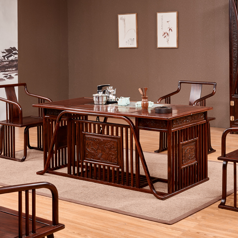 New Chinese red wood tea table solid wood furniture with African sour branches Gongfu tea art table and chairs combined East African sour branches wood tea table