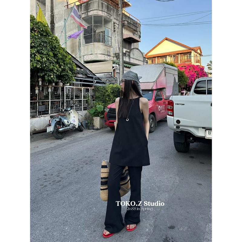 Toko.Z Genuine 2026 Summer New Minimalist Solid Color Vest + Slimming Casual Flared Pants Two-Piece Set