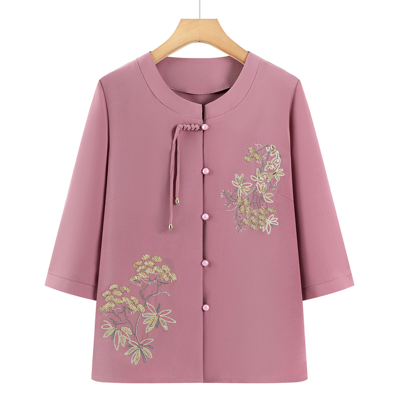 Grandma's Summer Outfit, Three-Quarter Sleeve Shirt, Middle-Aged and Elderly Women's Clothing, Mom's Summer Chiffon Top, Stylish Clothing for Old Ladies