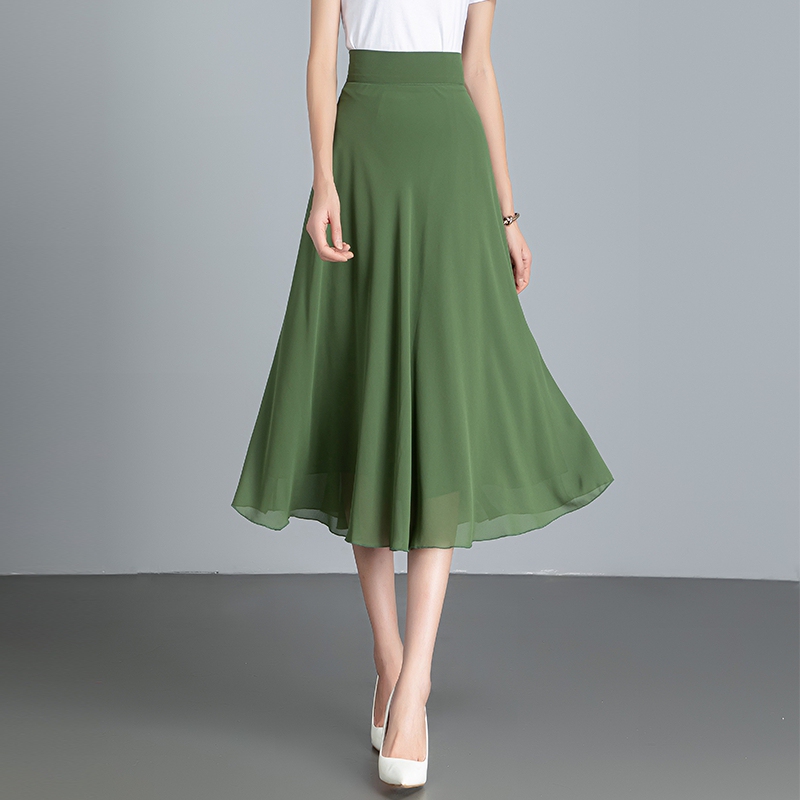 Dark Green Double-Layer Chiffon Skirt for Women, Summer Mid-Length Thin Drapey A-Line Skirt, High-Waisted Solid Color Slimming Large Hem Gauze Skirt