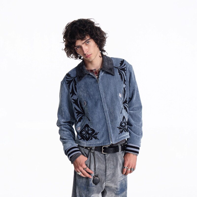 【Celebrity Style】Emobrother* Vintage Velvet Bamboo Pattern Embroidered Leather Jacket 【Celebrity Style】Emobrother* Vintage Velvet Bamboo Pattern Embroidered Leather Jacket