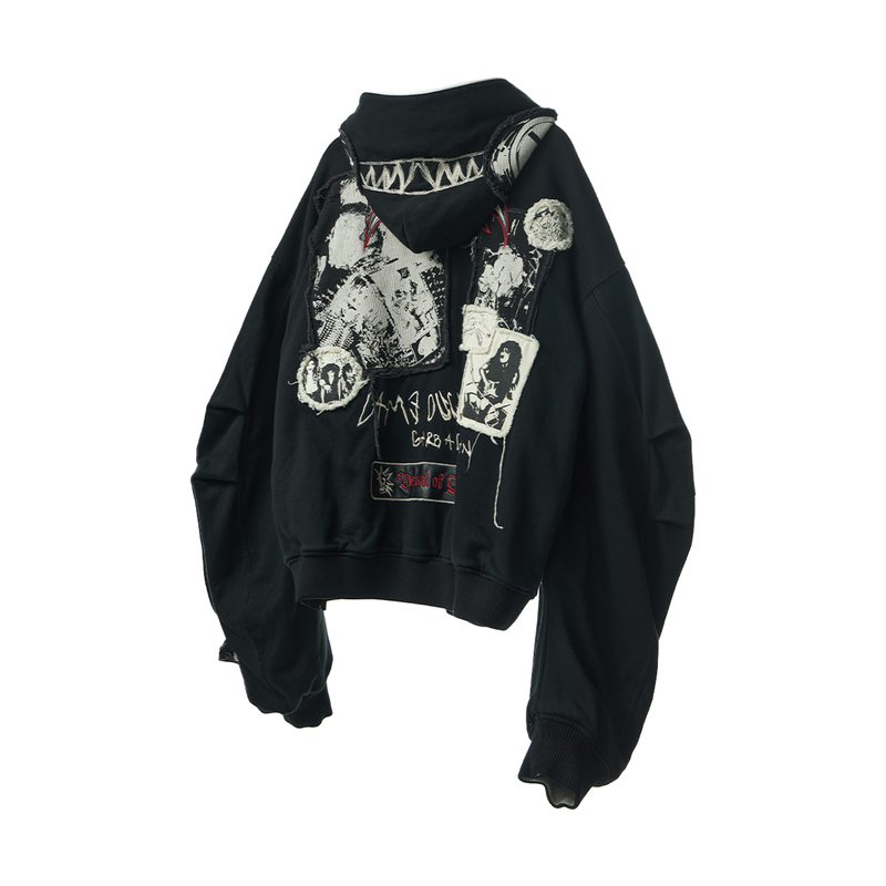 Emobrother “Inconsistency” Reversible Stain-Washed Hooded Sweatshirt with Band Patch Print Hoodie