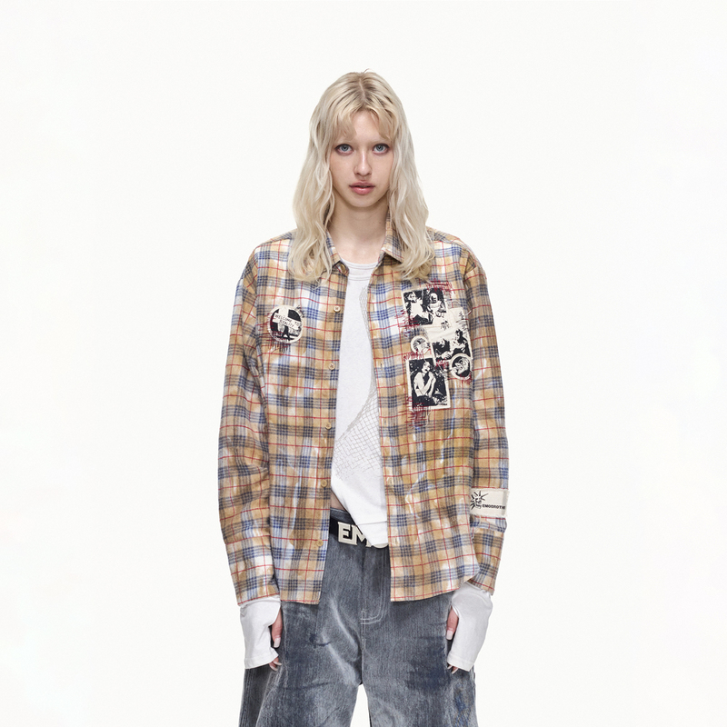 Emobrother* Stain-Resistant Patchwork Band Plaid Shirt Loose Drop Shoulder Punk Long-Sleeve Shirt