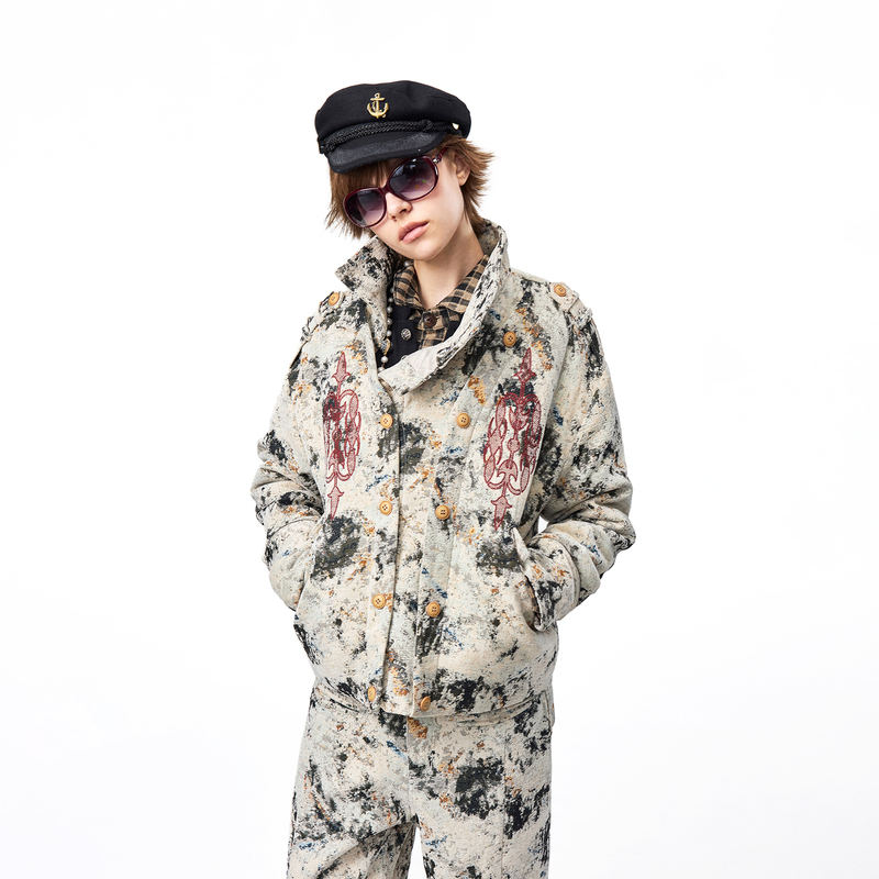 Emobrother* Irregular Button-Front Chenille Sofa Fabric Jacket with Marble Texture Embroidery Emobrother* Irregular Button-Front Chenille Sofa Fabric Jacket with Marble Texture Embroidery