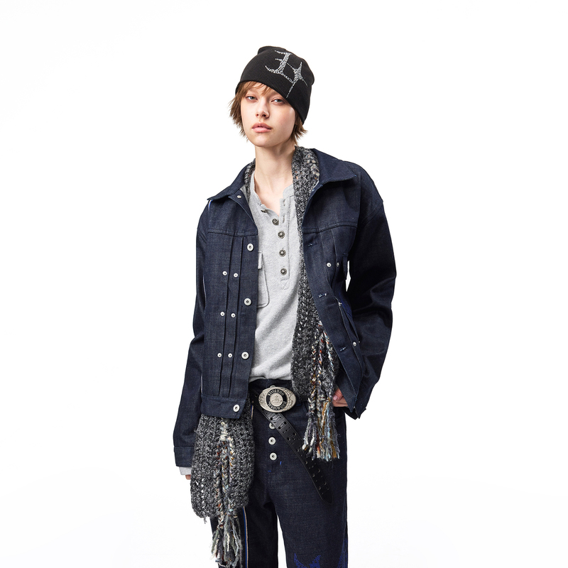 Emobrother* Retro Blue-Edged Raw Denim Color-Block Embroidered Ykk Button Type1 Style Denim Jacket