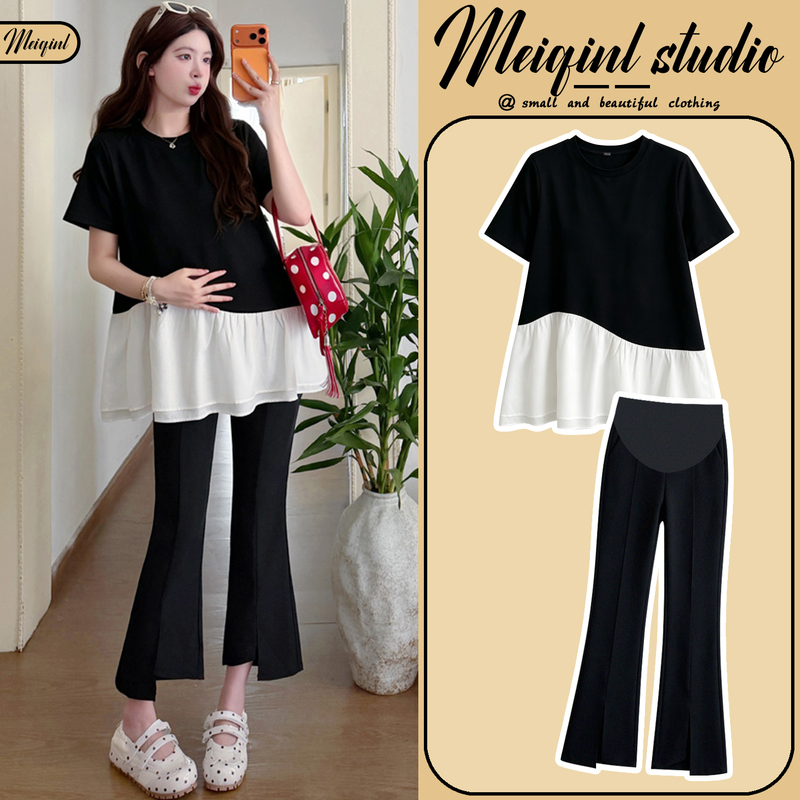 Maternity Summer Outfit 2026 New Fashion Stylish Belly-Covering Patchwork Doll Shirt Black Belly-Supporting Slit Pants Two-Piece Set