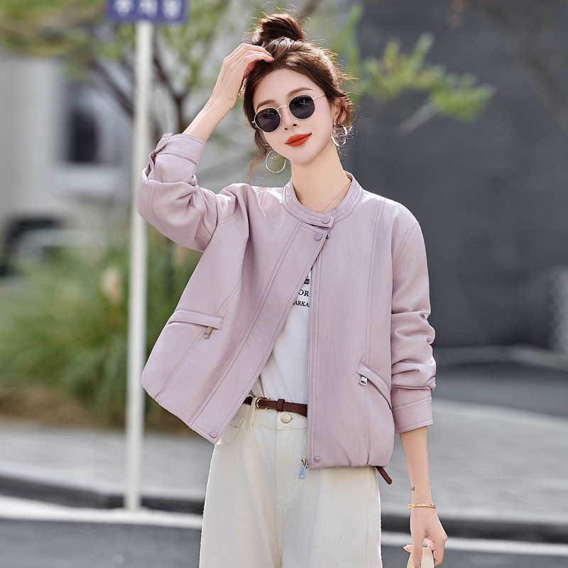Chanel-Style Purple Round-Neck Leather Short Jacket for Women, 2026 Spring New Model, Elegant Versatile Casual Biker Jacket