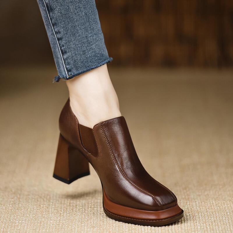 Sheepskin Square-Toe Chunky Heel Short Boots for Women, Genuine Leather, Black and Brown, Vintage, Slimming, Deep-Cut, Thick-Soled High-Heeled Shoes