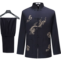 Драконный вышивка с длинными рукавами темно-синий костюм