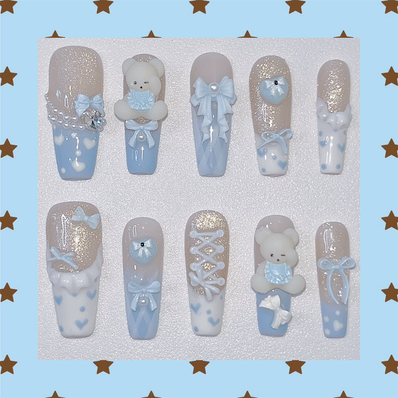 Children's Day Planet* Japanese Style Subculture Aqua Blue Bear French Y2K Sexy Removable Wearable Handmade Manicure Tablets