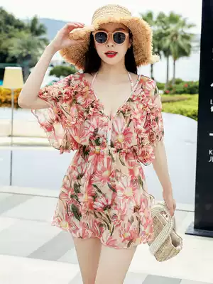 Sexy bikini flat corner thin Belly Belly steel support gathered retro printed blouse Super Fairy Hot Spring swimsuit three-piece set