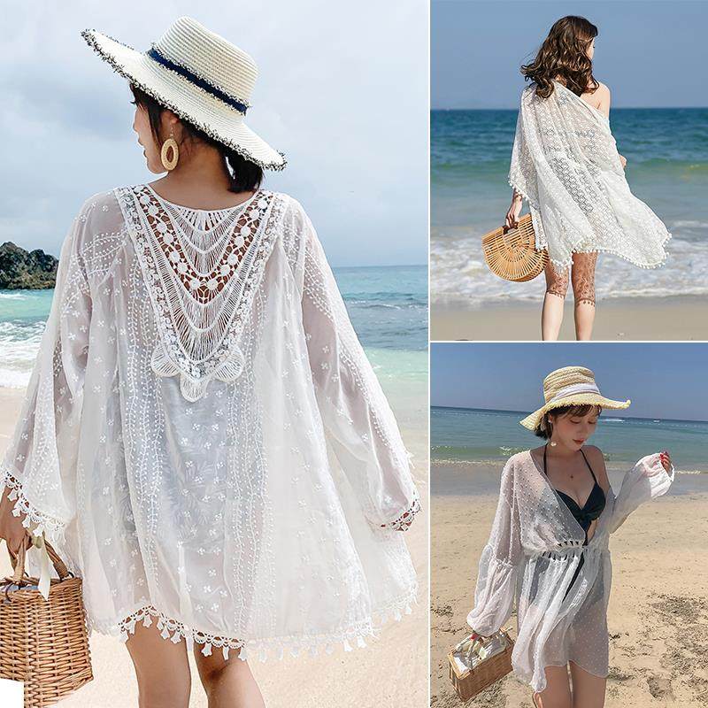 Mid-length beach coat bikini cover cardigan summer seaside resort spa lace fringed mesh shirt loose