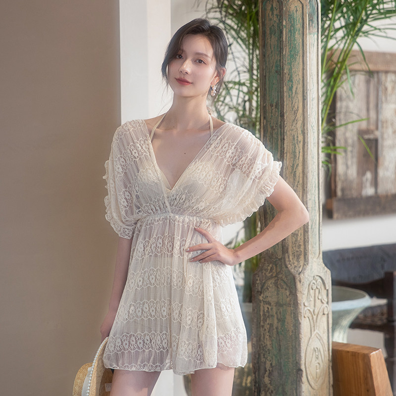 2021 new split body swimsuit female three-piece summer slimming belt-covering blouse flat Angle high waist steel support conservative students