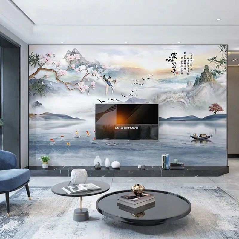 TV Background wall Bamboo wood fiber board living room mountain and water splicing integrated wall board 3D atmospheric film wall board customization