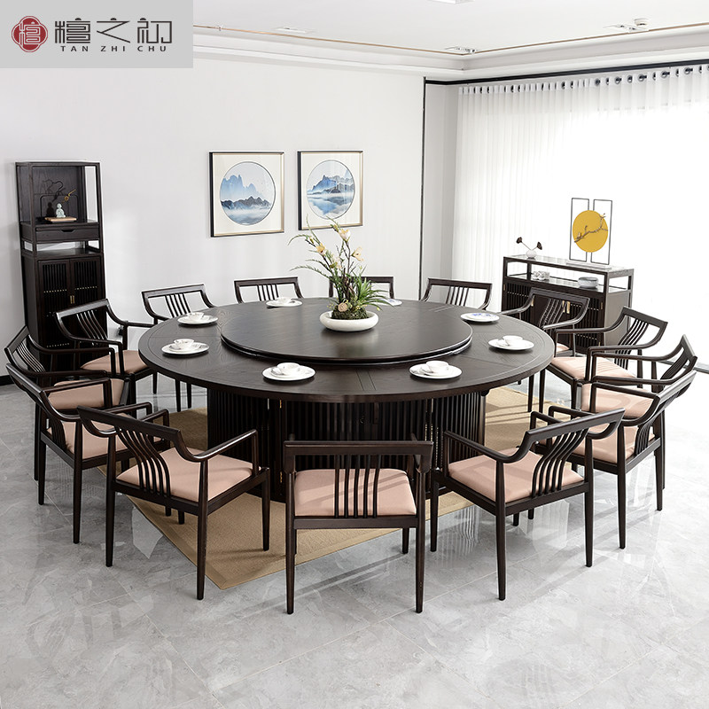 Hotel Electric Big Round Table Commercial New Chinese Solid Wood Dining Table And Chairs Combined Round with turntable Dining Table Furniture Custom
