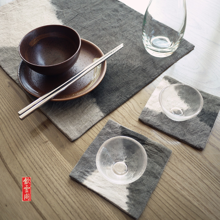 Fabric cotton and linen placemat Dali hand-dyed three-color gradient tea mat Kung Fu Tea accessories Insulation mat Blue brown Khaki