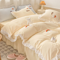 Korean version of embroidery naked sleeping four-piece bed skirt with bed sheet quilt cover cotton cotton princess wind girl heart lace