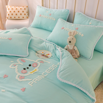 Embroidered Cute Rabbit Cotton Bed Four-piece Cartoon Quilt Cover Pure Cotton Princess Style Sheet Sheet for Naked Sleeping Girly Heart Solid Color