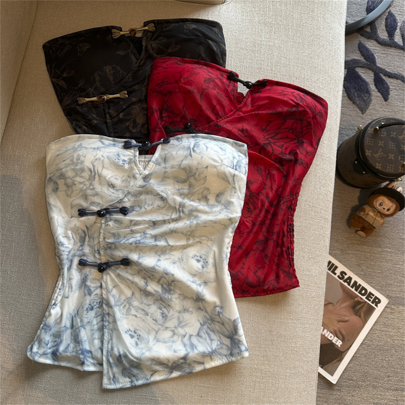 Retro New Chinese-Style Button Design Slim-Fit Tube Top with Floral Print, Waist-Cinching Outerwear Vest, Fashionable and Unique