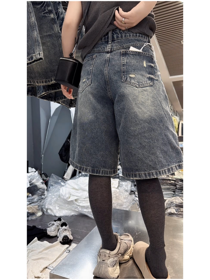 景倩妮复古做旧牛仔短裤2025年夏季新款小个子高腰显瘦五分阔腿裤